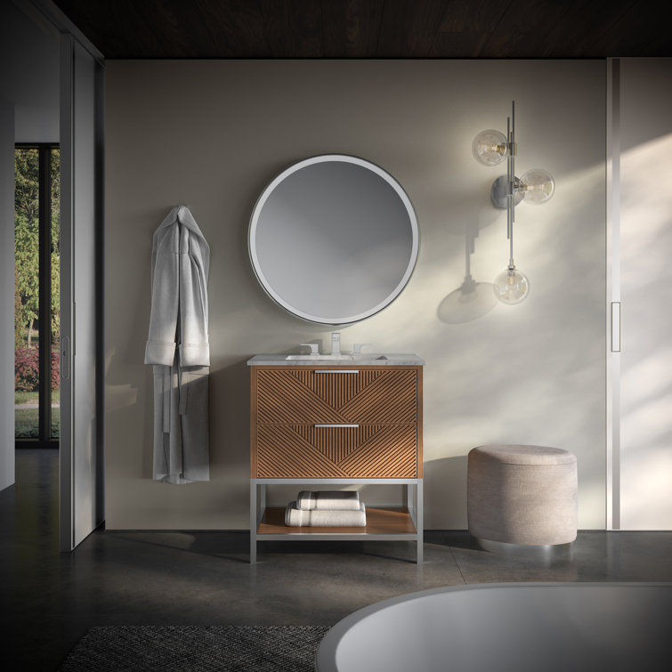 Diamond 30'' Walnut and Matte Black Single Bathroom Vanity with Calacatta Quartz Top