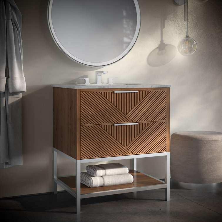 Diamond 30'' Walnut and Matte Black Single Bathroom Vanity with Calacatta Quartz Top