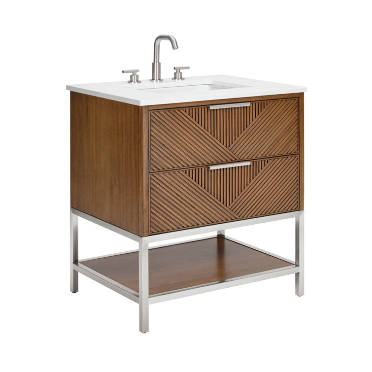 Diamond 30'' Walnut and Matte Black Single Bathroom Vanity with Calacatta Quartz Top