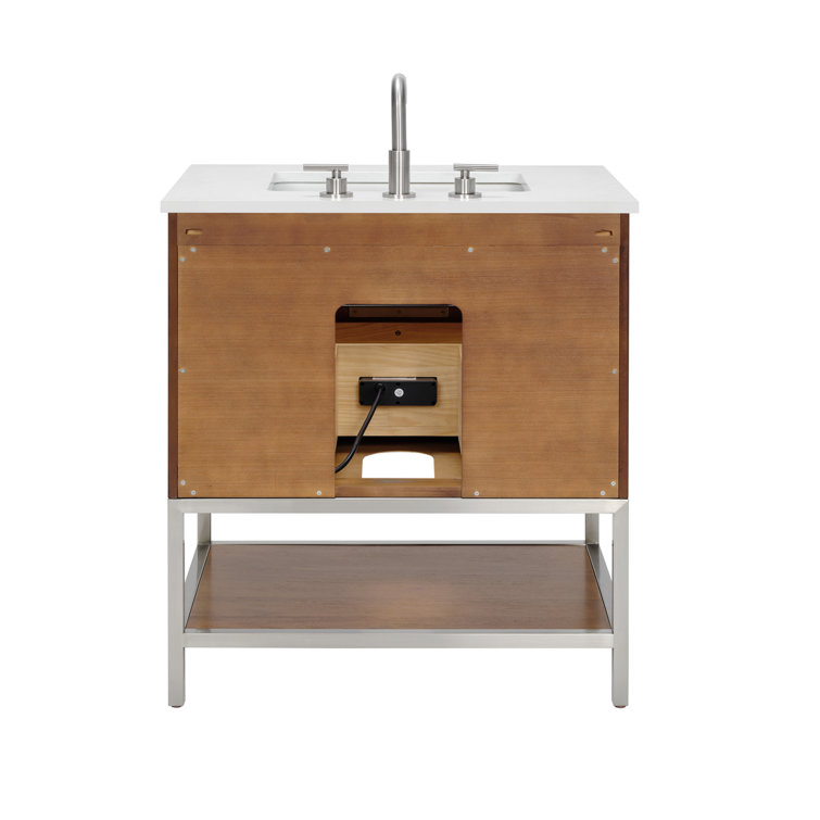Diamond 30'' Walnut and Matte Black Single Bathroom Vanity with Calacatta Quartz Top