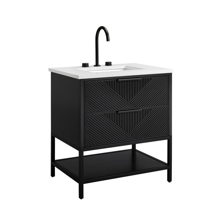 Diamond 30'' Walnut and Matte Black Single Bathroom Vanity with Calacatta Quartz Top