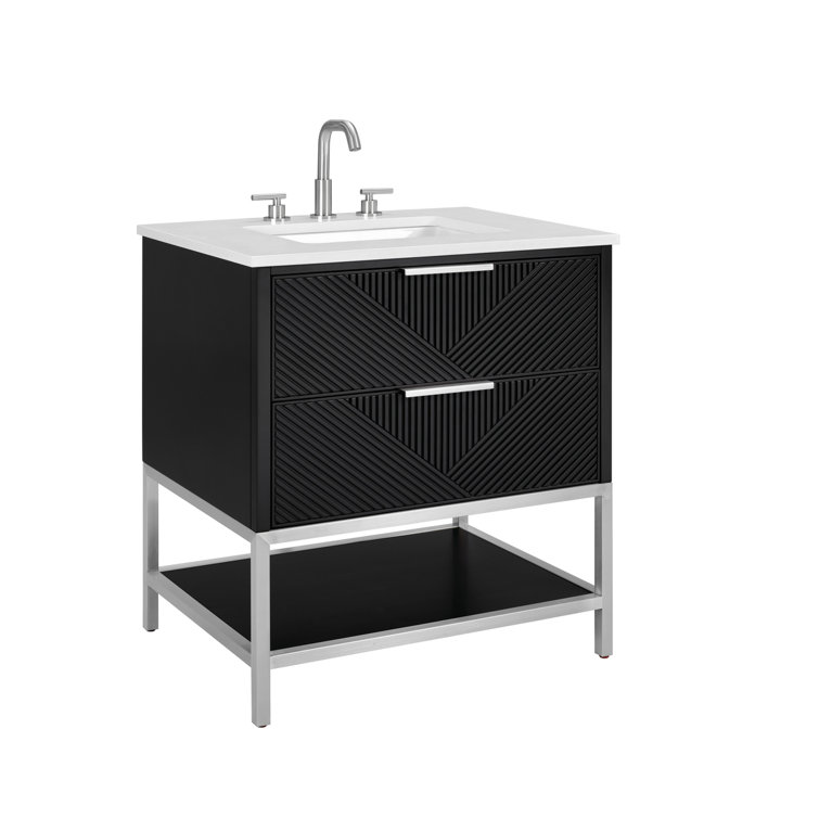 Diamond 30'' Walnut and Matte Black Single Bathroom Vanity with Calacatta Quartz Top