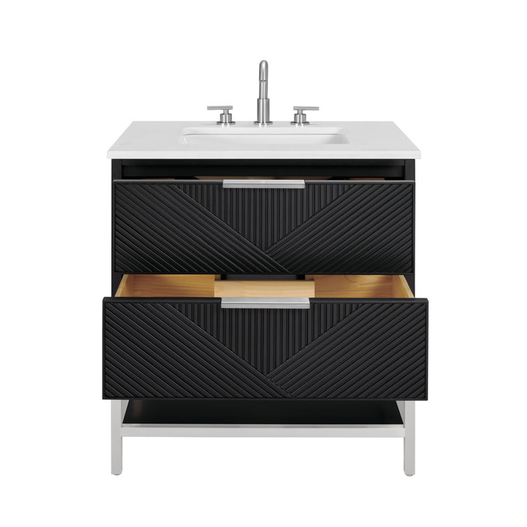 Diamond 30'' Walnut and Matte Black Single Bathroom Vanity with Calacatta Quartz Top