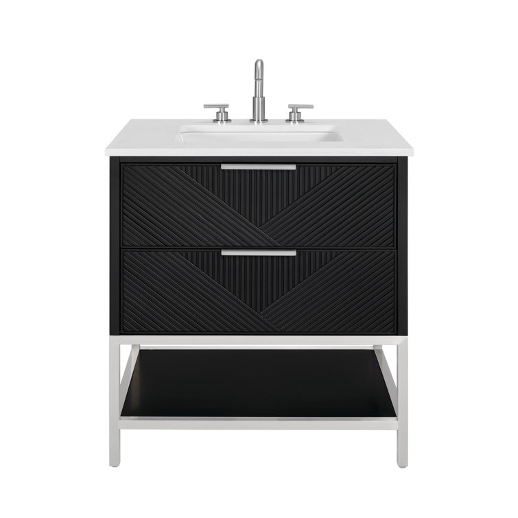 Diamond 30'' Walnut and Matte Black Single Bathroom Vanity with Calacatta Quartz Top