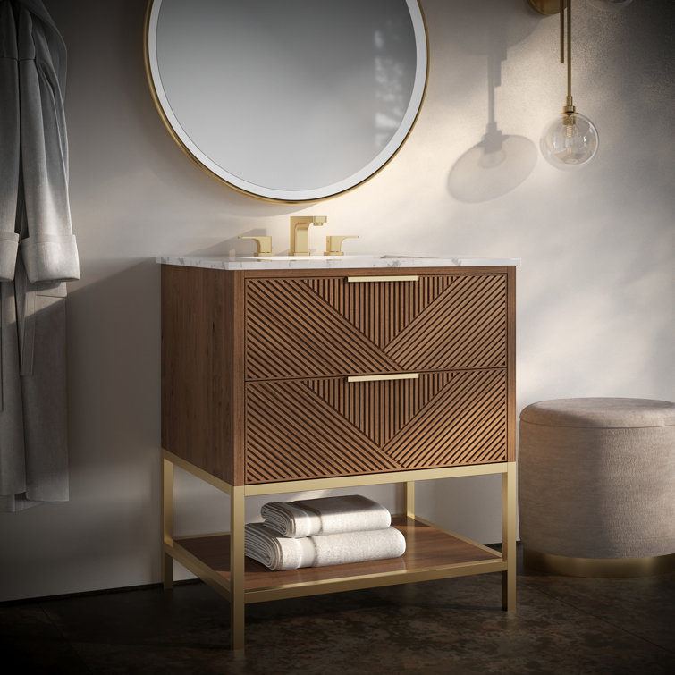 Diamond 30'' Walnut and Matte Black Single Bathroom Vanity with Calacatta Quartz Top