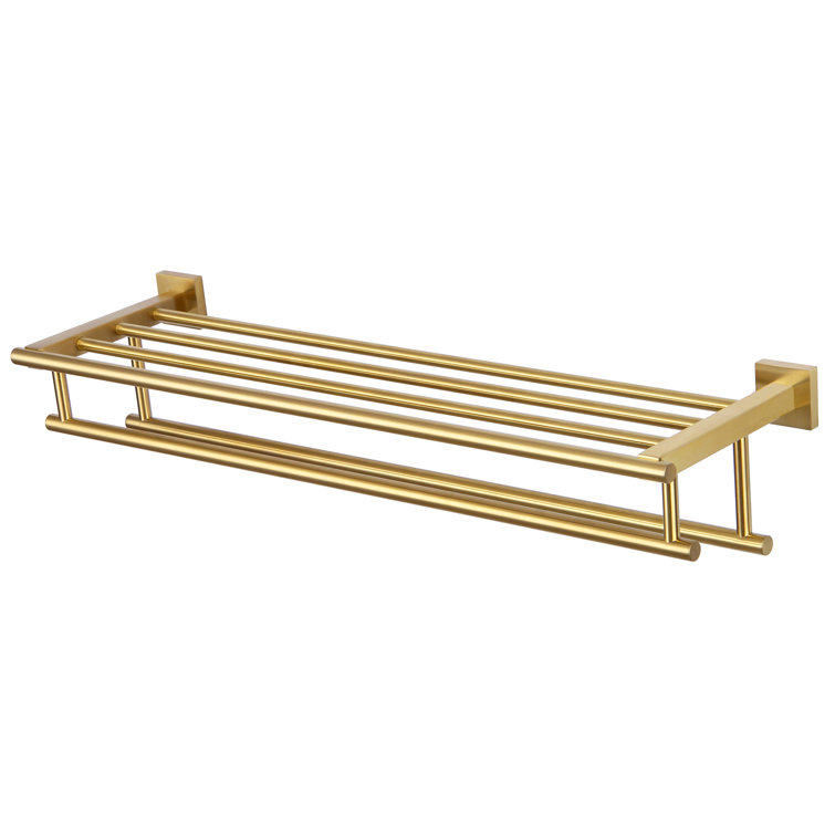 Brushed Gold Wall Mounted Double Towel Rack with Shelf