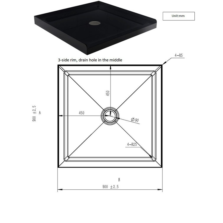 36" Black Acrylic Single Threshold Shower Base with Center Drain