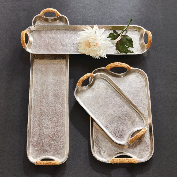 Helena Silver Cast Aluminum Decorative Trays with Rattan Handles
