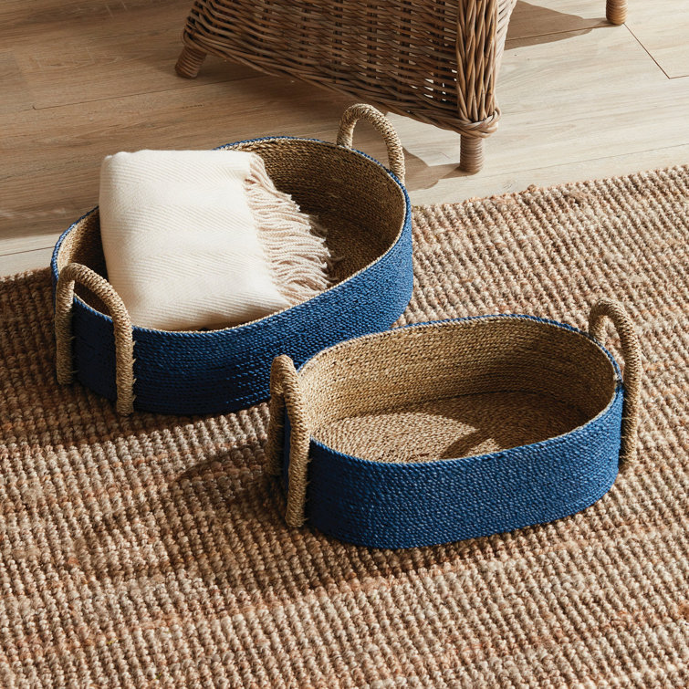 Tiana Blue and Natural Seagrass Oval Storage Baskets