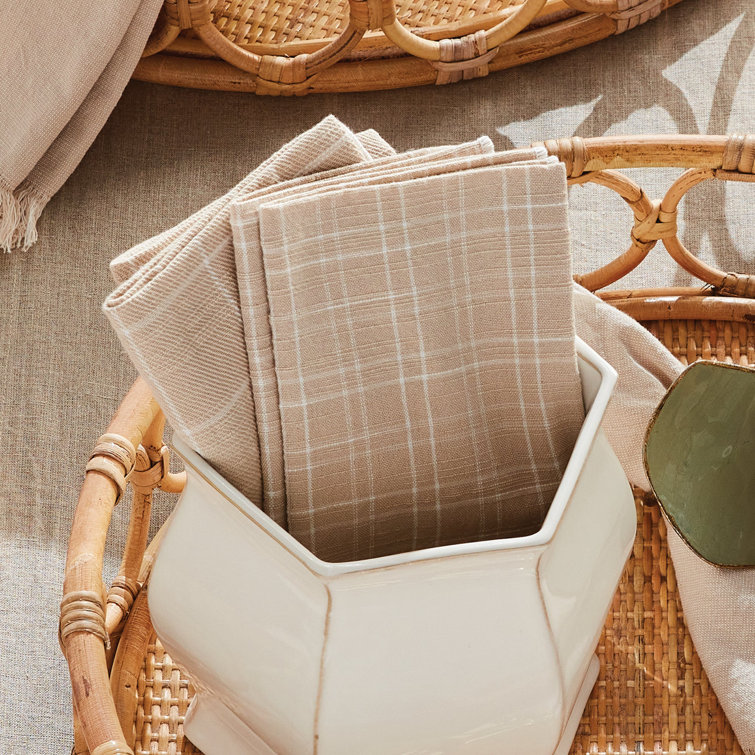Soft Taupe Cotton Plaid Square Napkin Set of 4