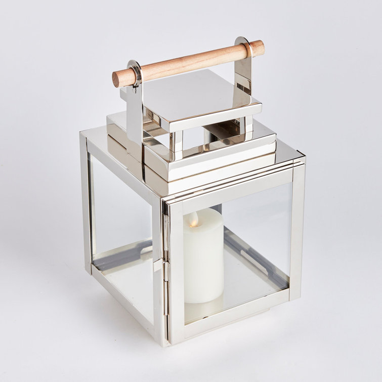 Small Silver Teak Handle Hanging Candle Lantern