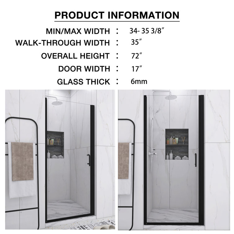 34'' Matte Black Semi-Frameless Pivot Shower Door with Clear Glass