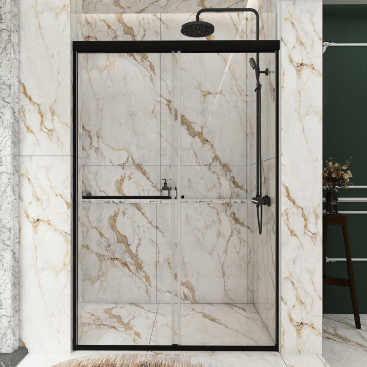 48'' Matte Black Semi-Frameless Sliding Shower Door with Clear Glass