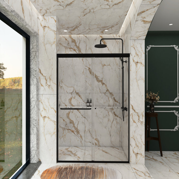48'' Matte Black Semi-Frameless Sliding Shower Door with Clear Glass