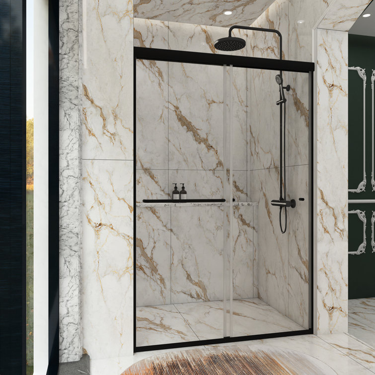 48'' Matte Black Semi-Frameless Sliding Shower Door with Clear Glass