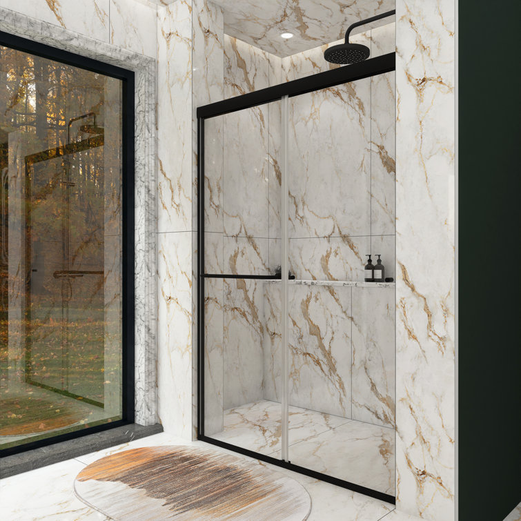 48'' Matte Black Semi-Frameless Sliding Shower Door with Clear Glass