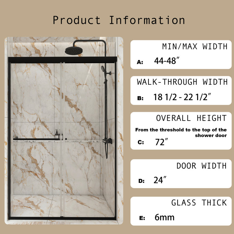 48'' Matte Black Semi-Frameless Sliding Shower Door with Clear Glass