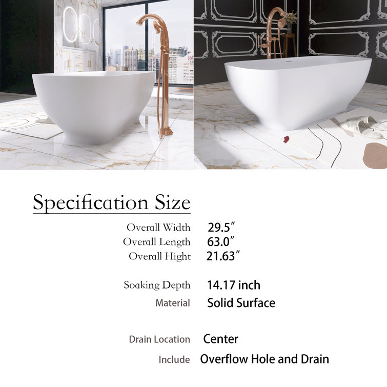 65" Matte White Stone Resin Freestanding Soaking Bathtub