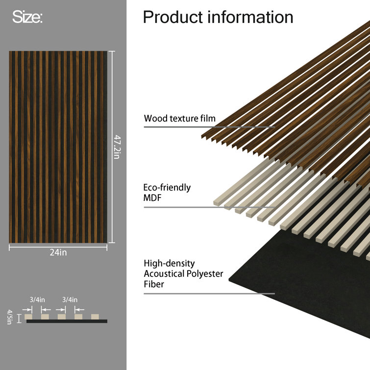 24" x 47.2" Brown Wood Slat Acoustic Wall Panels