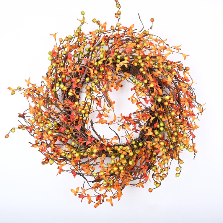 24" Handcrafted Fall Orange and Green Berry Twig Wreath