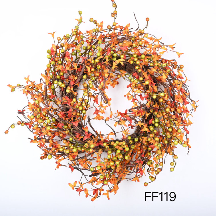 24" Handcrafted Fall Orange and Green Berry Twig Wreath
