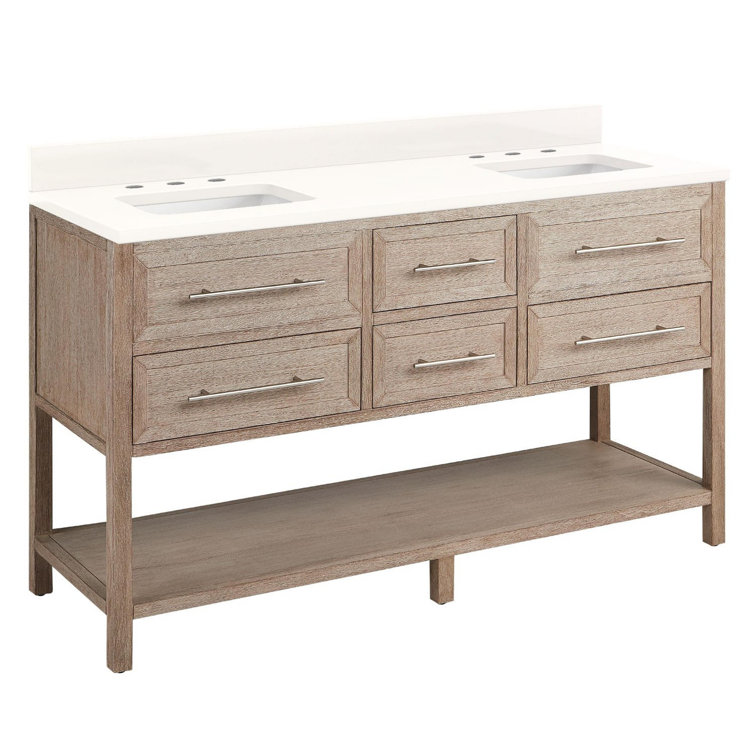 60" Brushed White Double Freestanding Bathroom Vanity with Arctic White Quartz Top