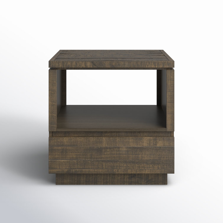 Dark Brown Pine Wood Rectangular End Table with Storage