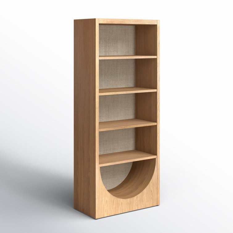 Honey Oak Veneer Adjustable Bookcase with Handwoven Cane Paneling
