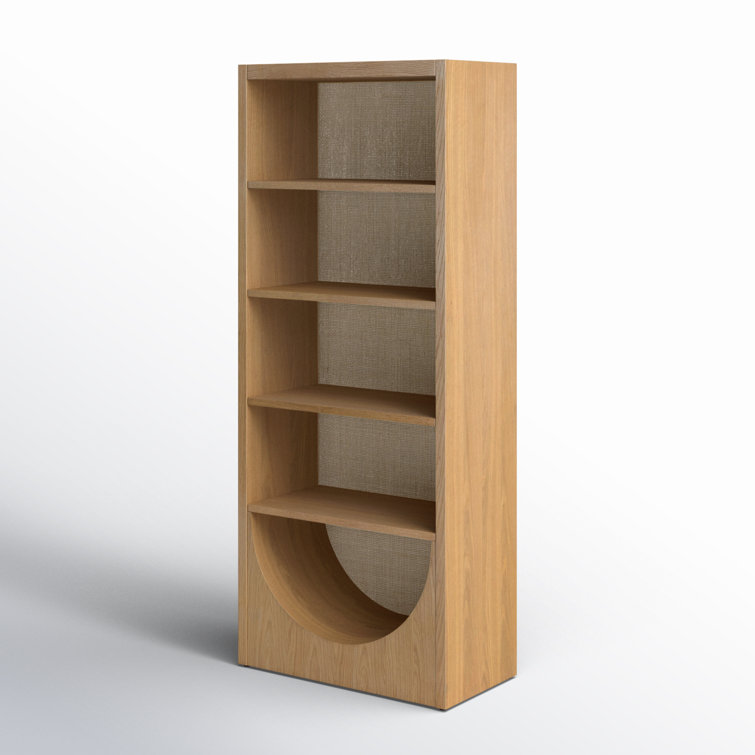 Honey Oak Veneer Adjustable Bookcase with Handwoven Cane Paneling