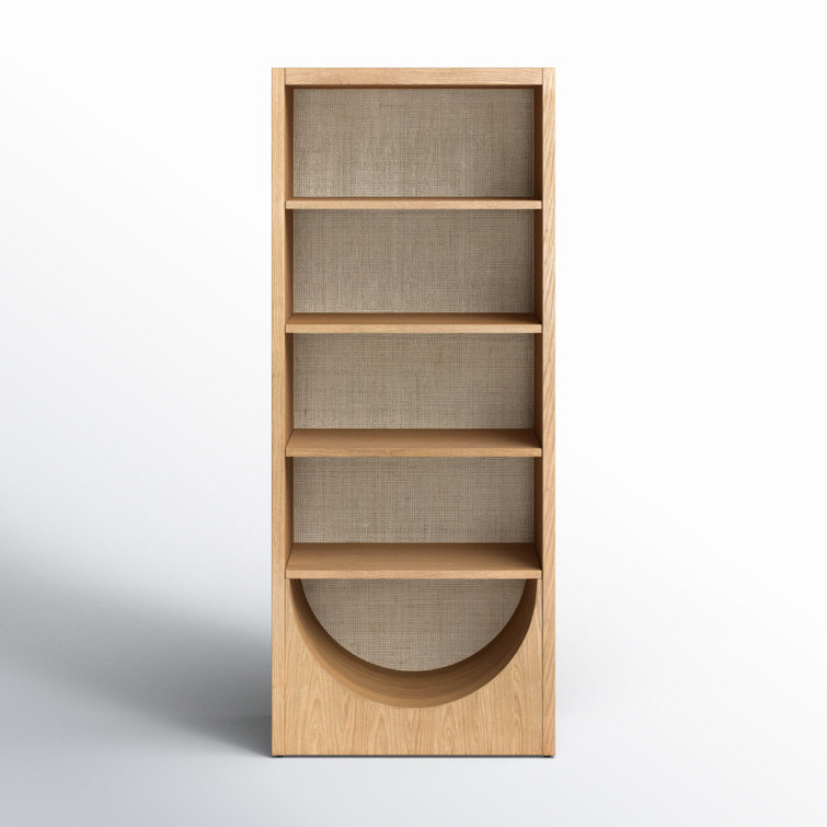 Honey Oak Veneer Adjustable Bookcase with Handwoven Cane Paneling