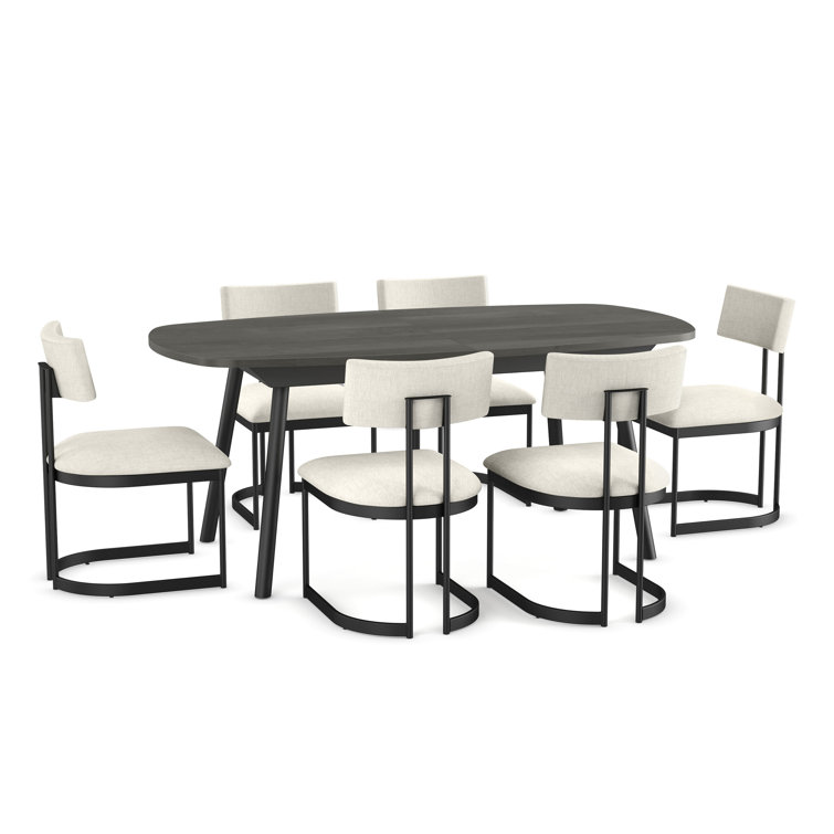 Gray Extendable Dining Table with 6 Light Beige Upholstered Chairs