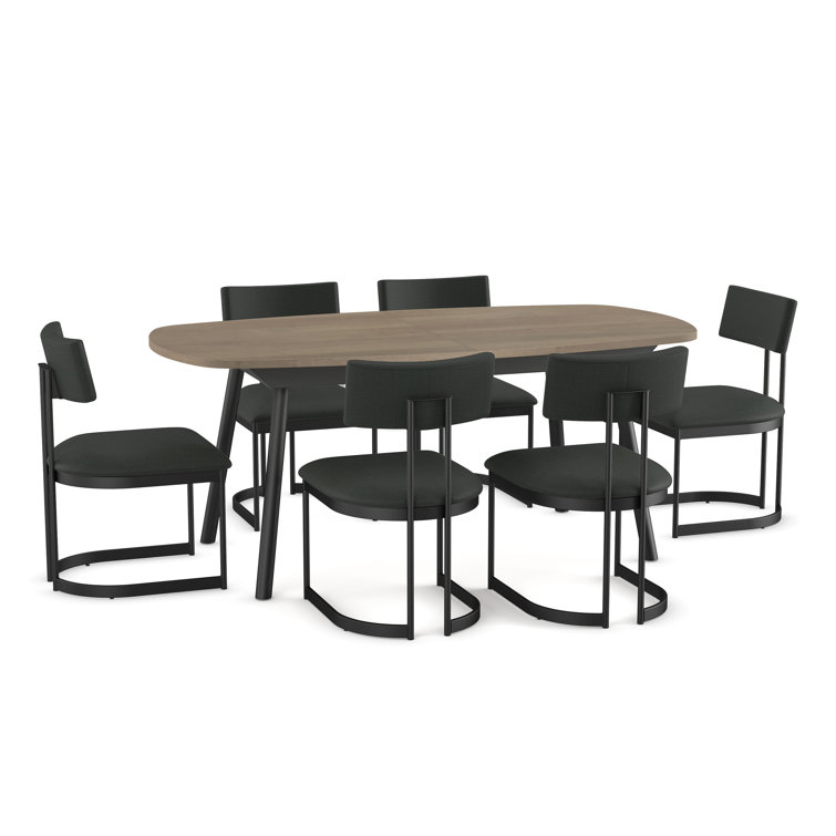 Light Beige Birch Veneer Extendable Dining Table with Black Metal Chairs