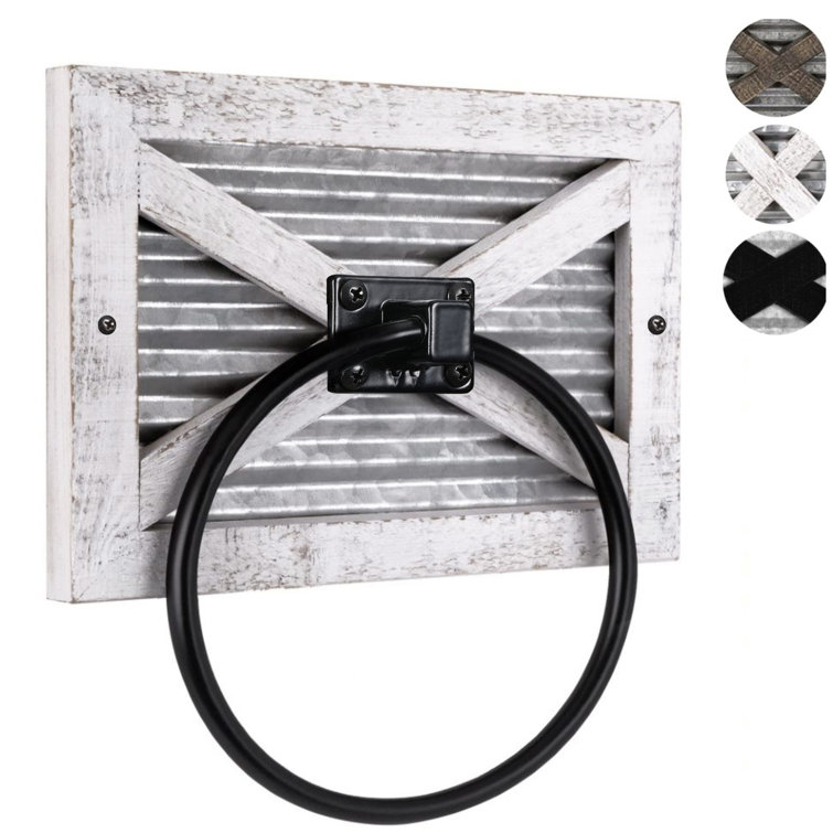 White-Wash Wood and Galvanized Metal Wall Mounted Towel Ring