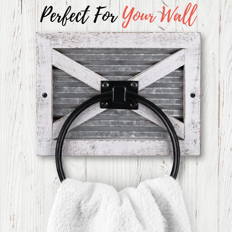 White-Wash Wood and Galvanized Metal Wall Mounted Towel Ring