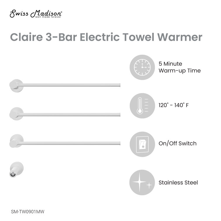 Matte White 3-Bar Wall Mounted Electric Towel Warmer