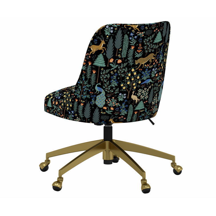 Black Linen Upholstered Office Chair with Floral Print