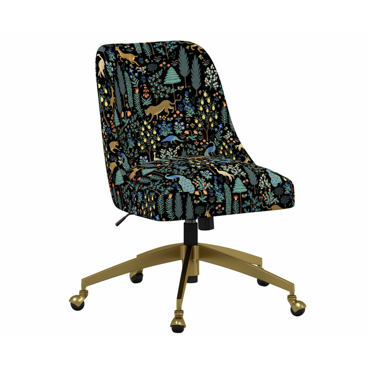Black Linen Upholstered Office Chair with Floral Print