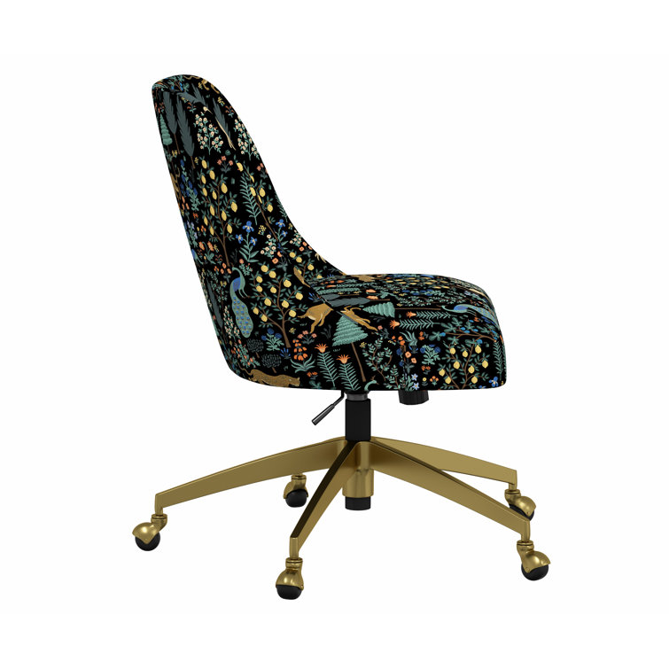 Black Linen Upholstered Office Chair with Floral Print