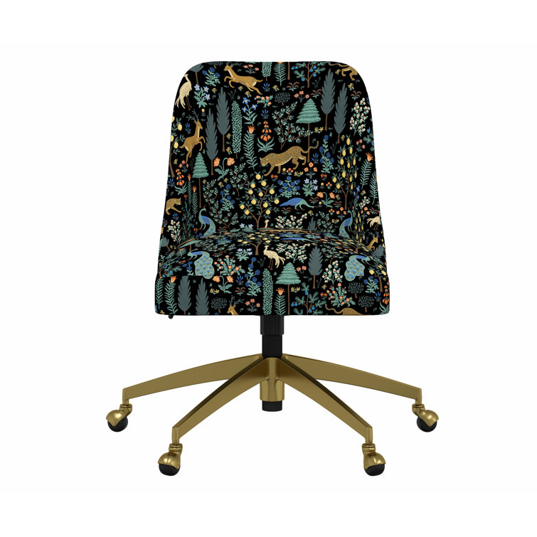 Black Linen Upholstered Office Chair with Floral Print