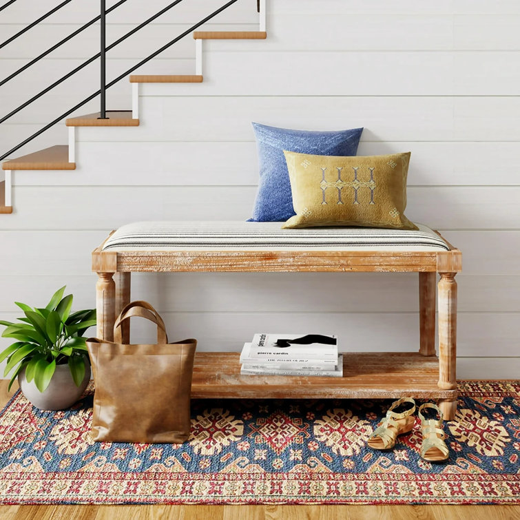 Distressed Natural Cottage-Style Upholstered Bench with Storage