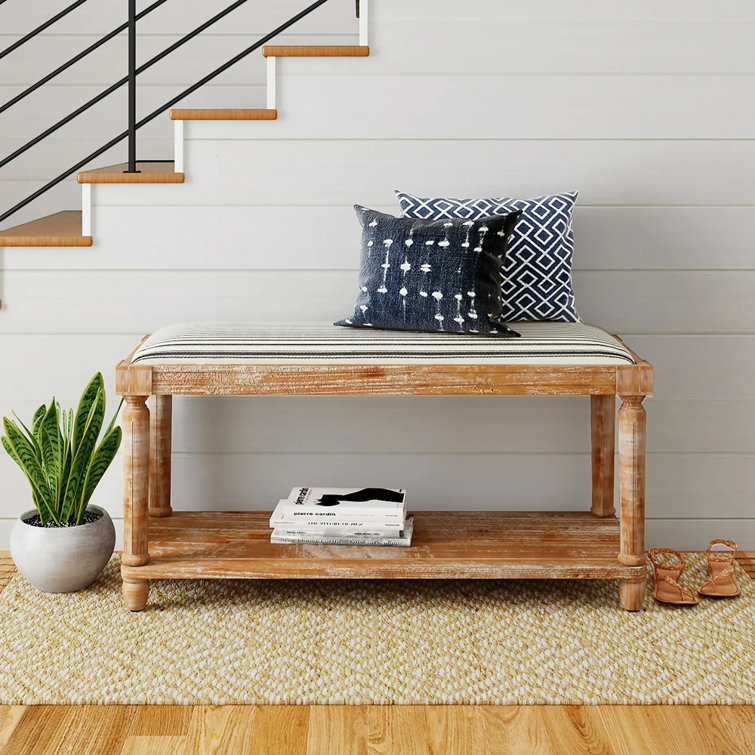 Distressed Natural Cottage-Style Upholstered Bench with Storage