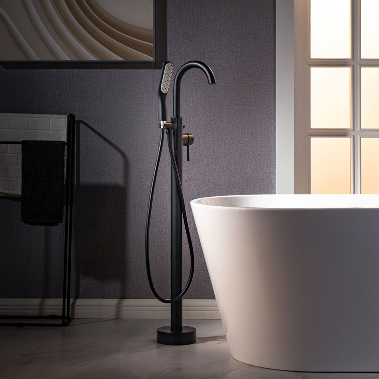 Matte Black Single Handle Floor Mounted Tub Faucet with Hand Shower
