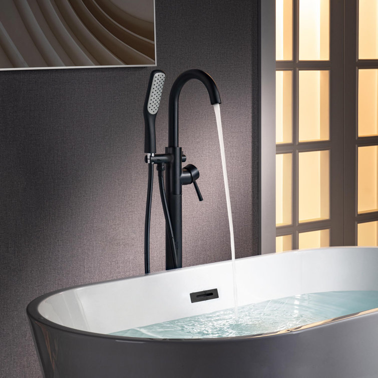 Matte Black Single Handle Floor Mounted Tub Faucet with Hand Shower