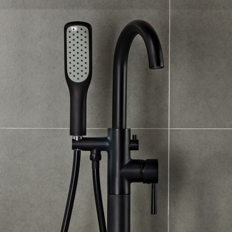 Matte Black Single Handle Floor Mounted Tub Faucet with Hand Shower
