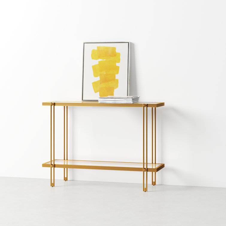 Modern Brass Finish Metal Console Table with Glass Shelf