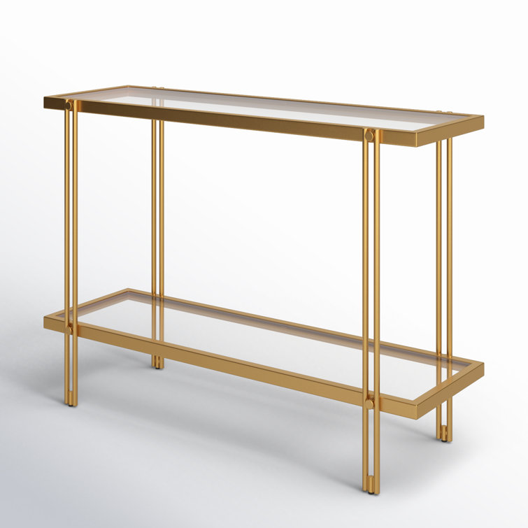 Modern Brass Finish Metal Console Table with Glass Shelf