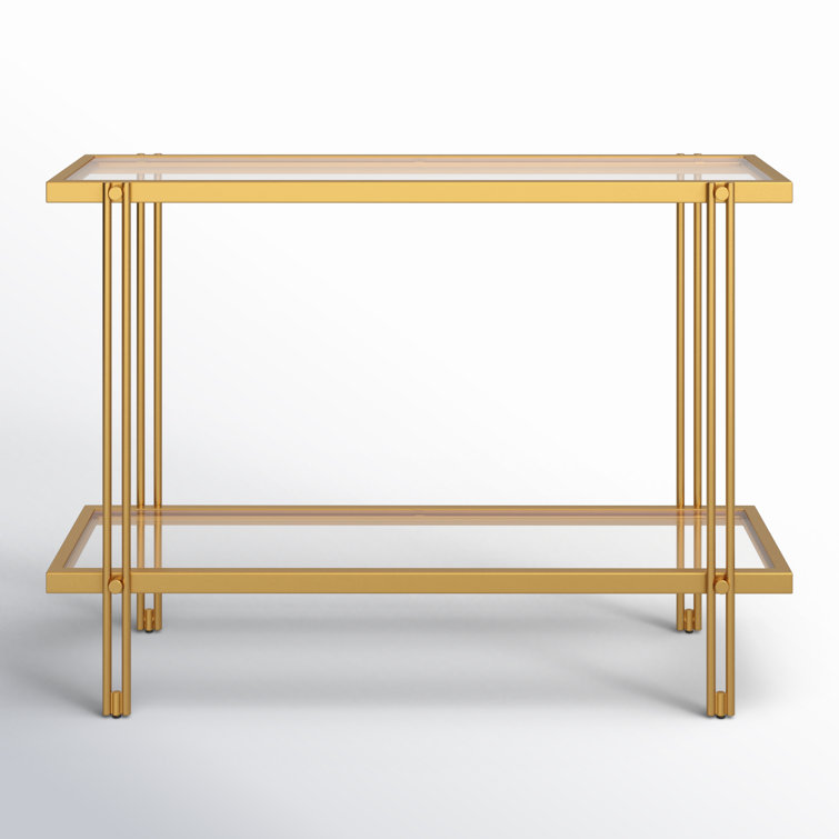 Modern Brass Finish Metal Console Table with Glass Shelf
