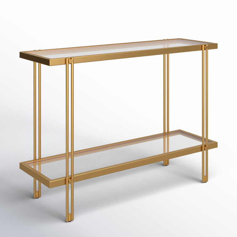 Modern Brass Finish Metal Console Table with Glass Shelf