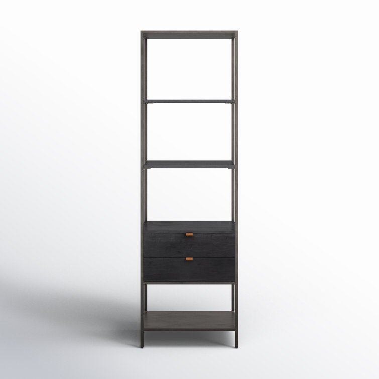 Contemporary Black Wash Poplar Bookshelf with Leather Pulls