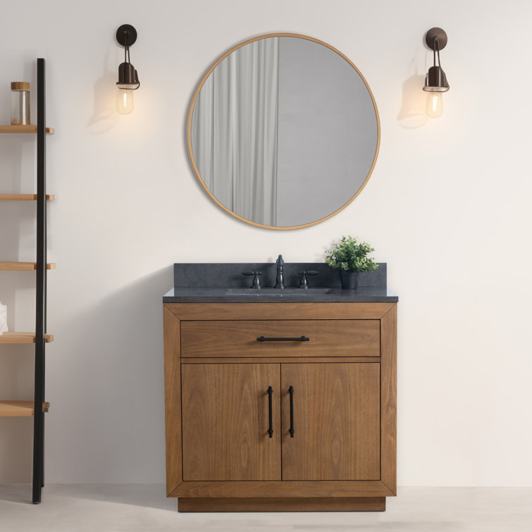 36" Tan Poplar Wood Bathroom Vanity with Black Limestone Top
